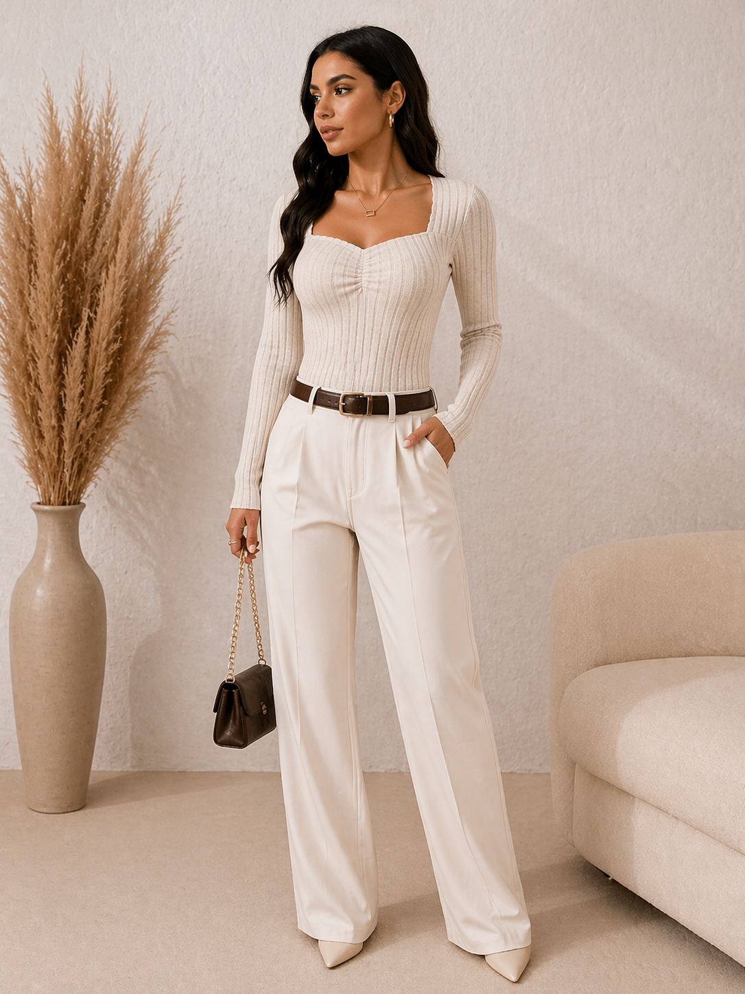 Ribbed Long Sleeve Top – Sculpting Fit Knit Shirt