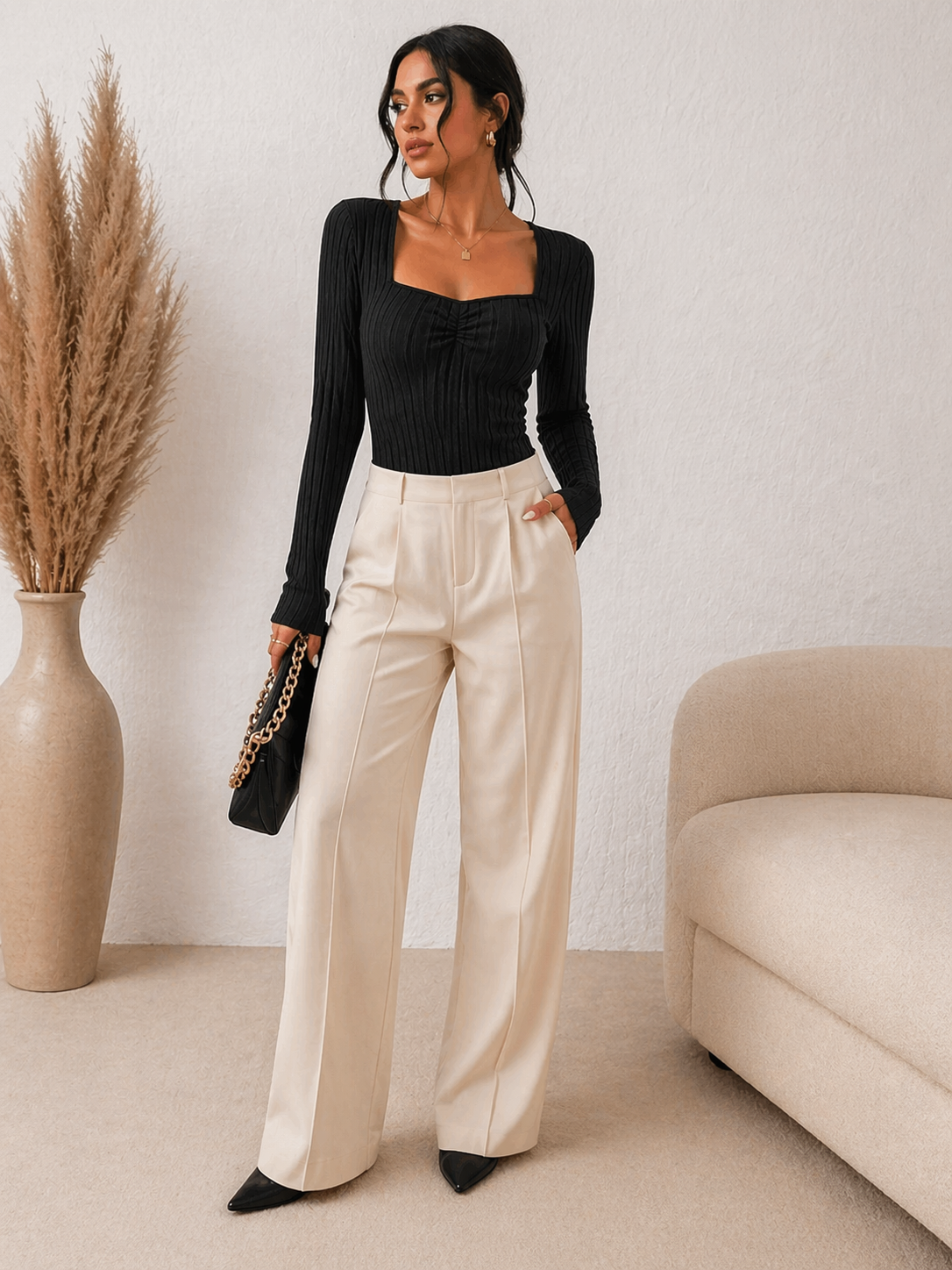 Ribbed Long Sleeve Top – Sculpting Fit Knit Shirt