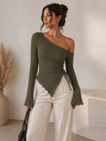 Asymmetrical Ribbed Top – Ruched Side Tie Blouse