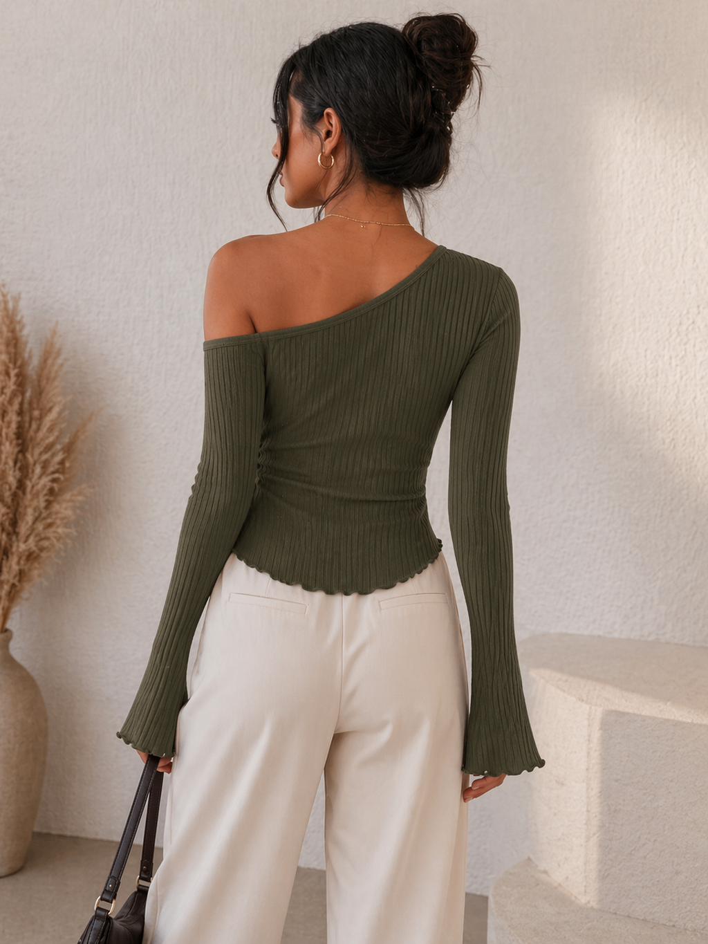 Asymmetrical Ribbed Top – Ruched Side Tie Blouse