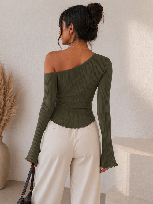 Asymmetrical Ribbed Top – Ruched Side Tie Blouse