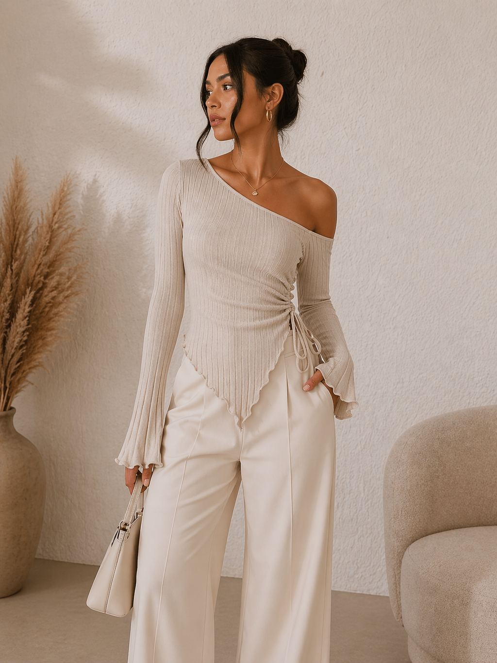 Asymmetrical Ribbed Top – Ruched Side Tie Blouse