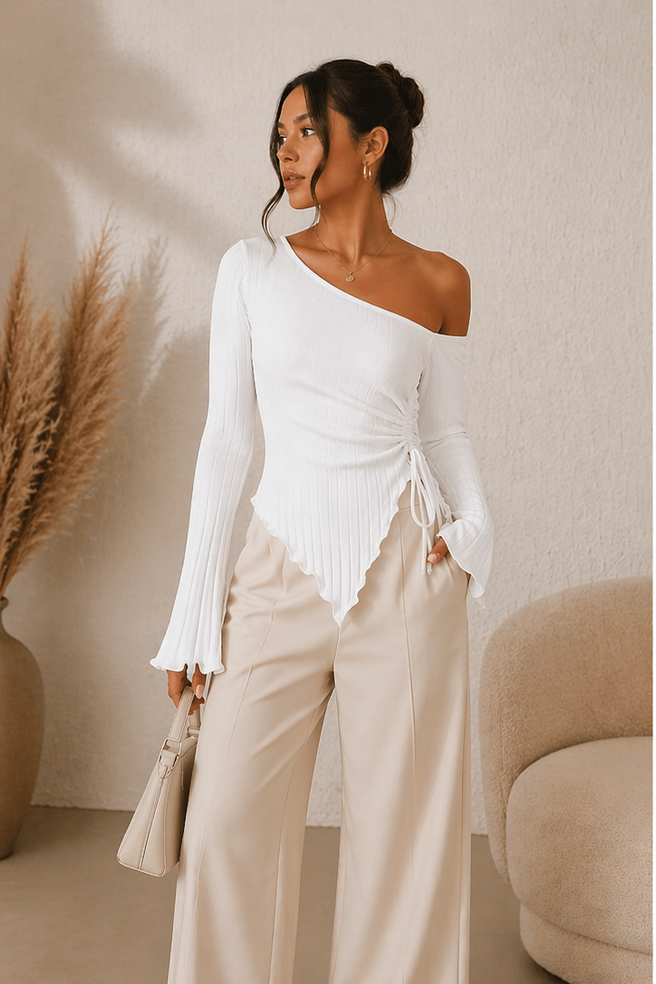 Asymmetrical Ribbed Top – Ruched Side Tie Blouse