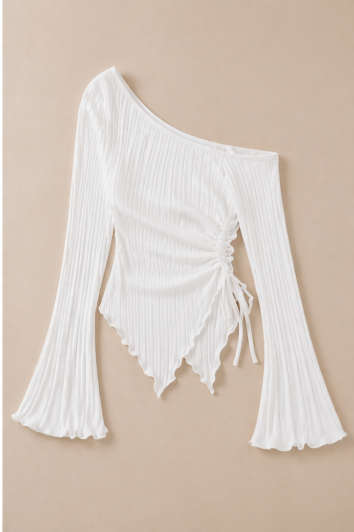 Asymmetrical Ribbed Top – Ruched Side Tie Blouse
